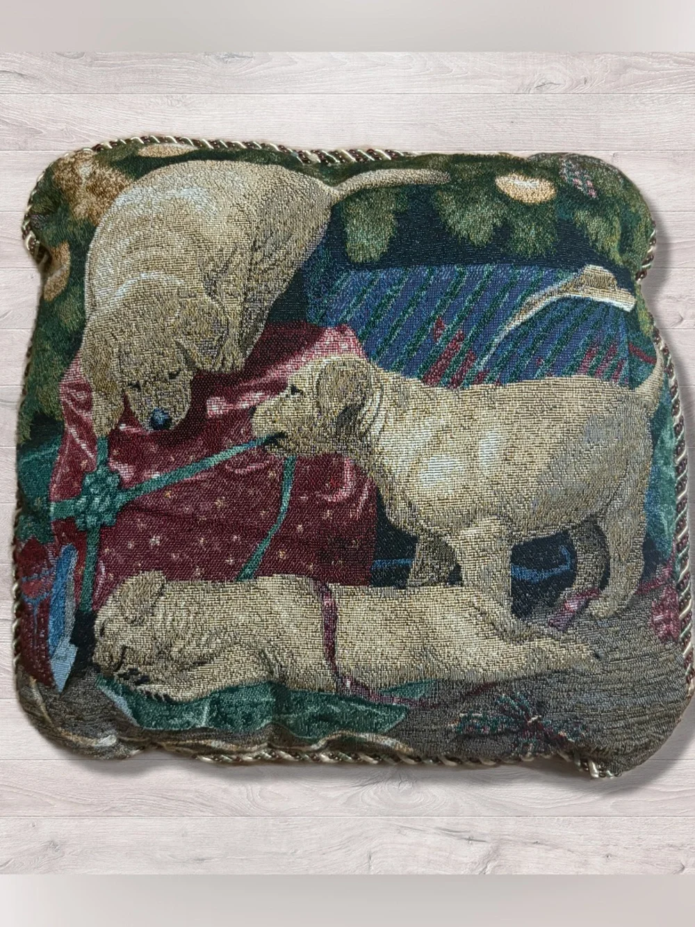 VINTAGE LAB PUPPIES DOG CHRISTMAS TAPESTRY PILLOW BY MIA LANE. PRESENTS 14